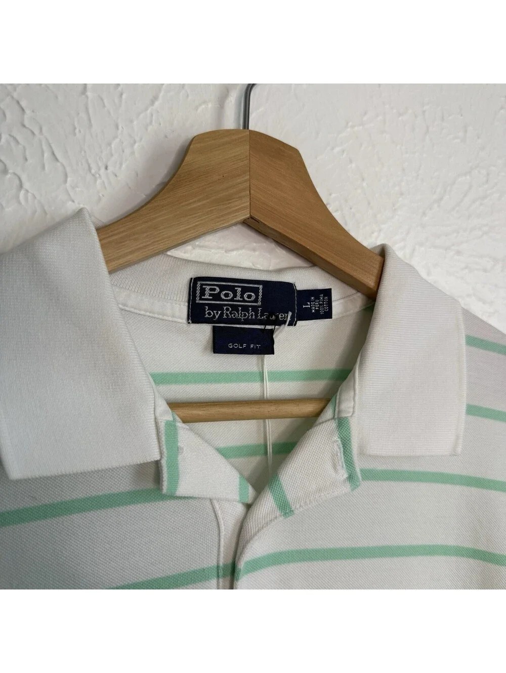 Vintage Polo Ralph Lauren White Green Striped Polo Short Sleeve Golf Shirt Large